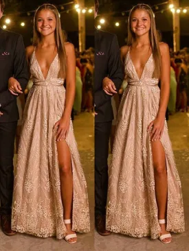 A Line V Neck Backless Lace Champagne Long Prom Dresses with Leg Slit, Backless Formal Dresses, Lace Graduation Evening Dresses