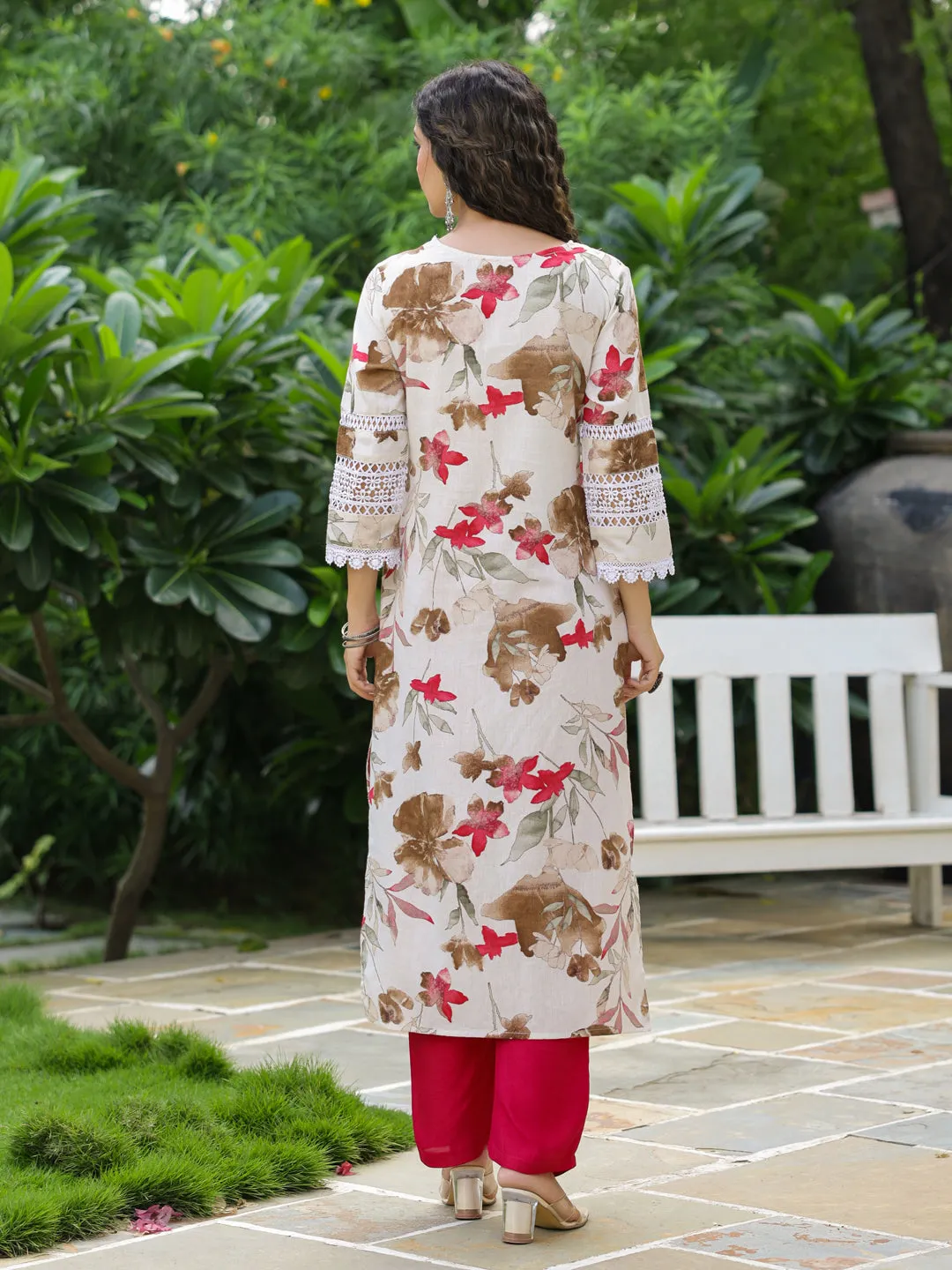 Abstract Floral Printed Straight Fit Kurta - Off White