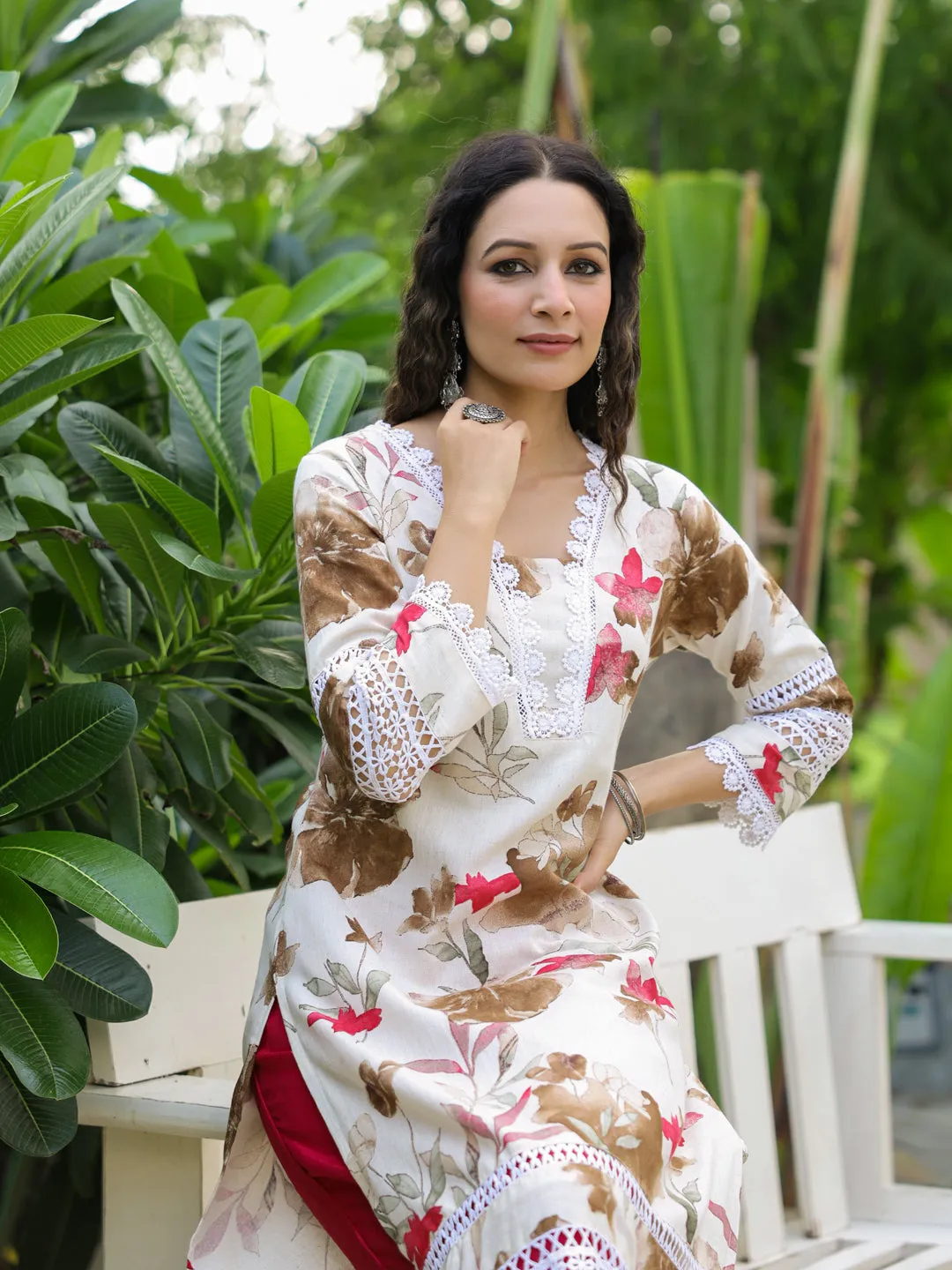 Abstract Floral Printed Straight Fit Kurta - Off White