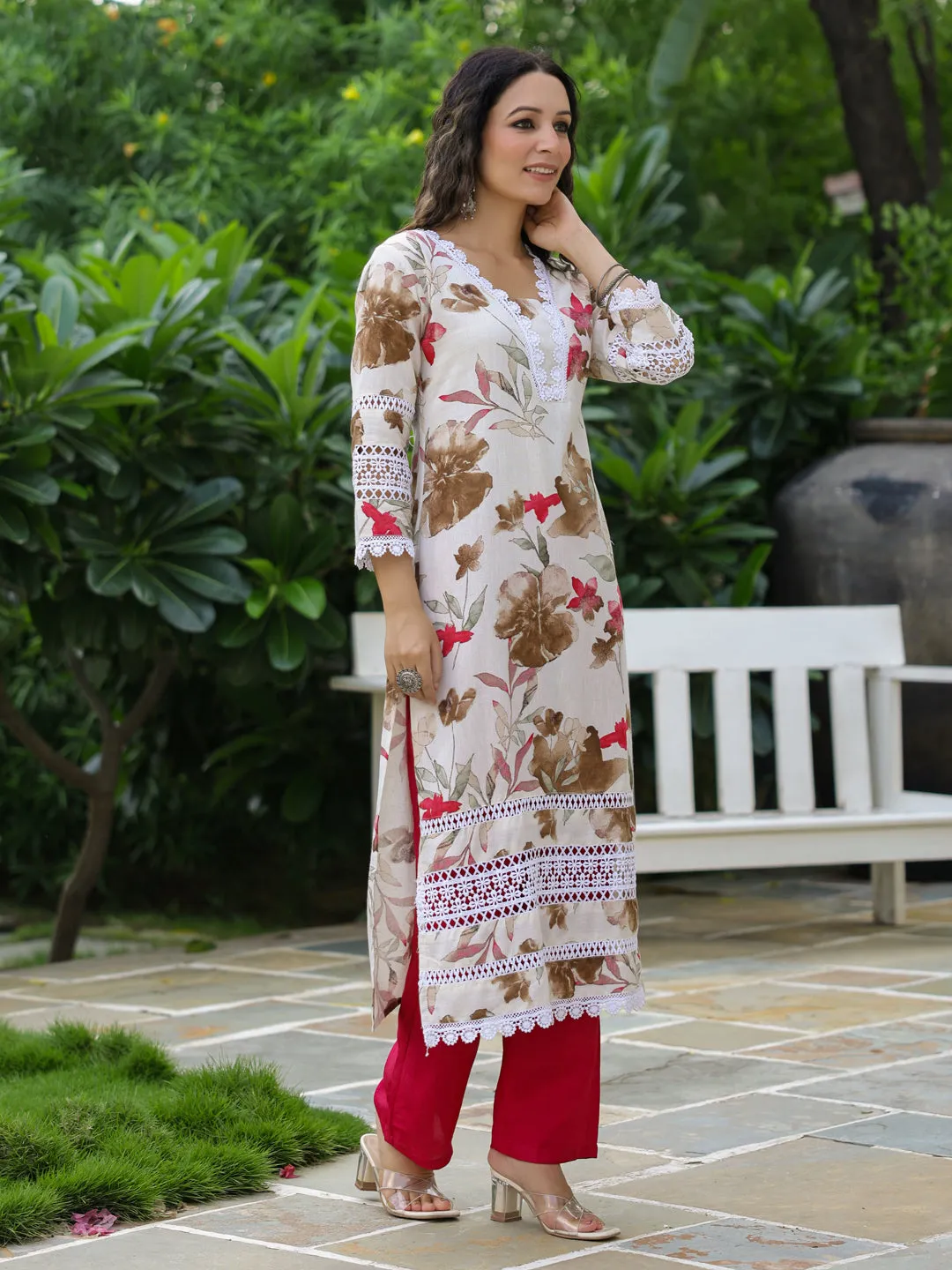Abstract Floral Printed Straight Fit Kurta - Off White