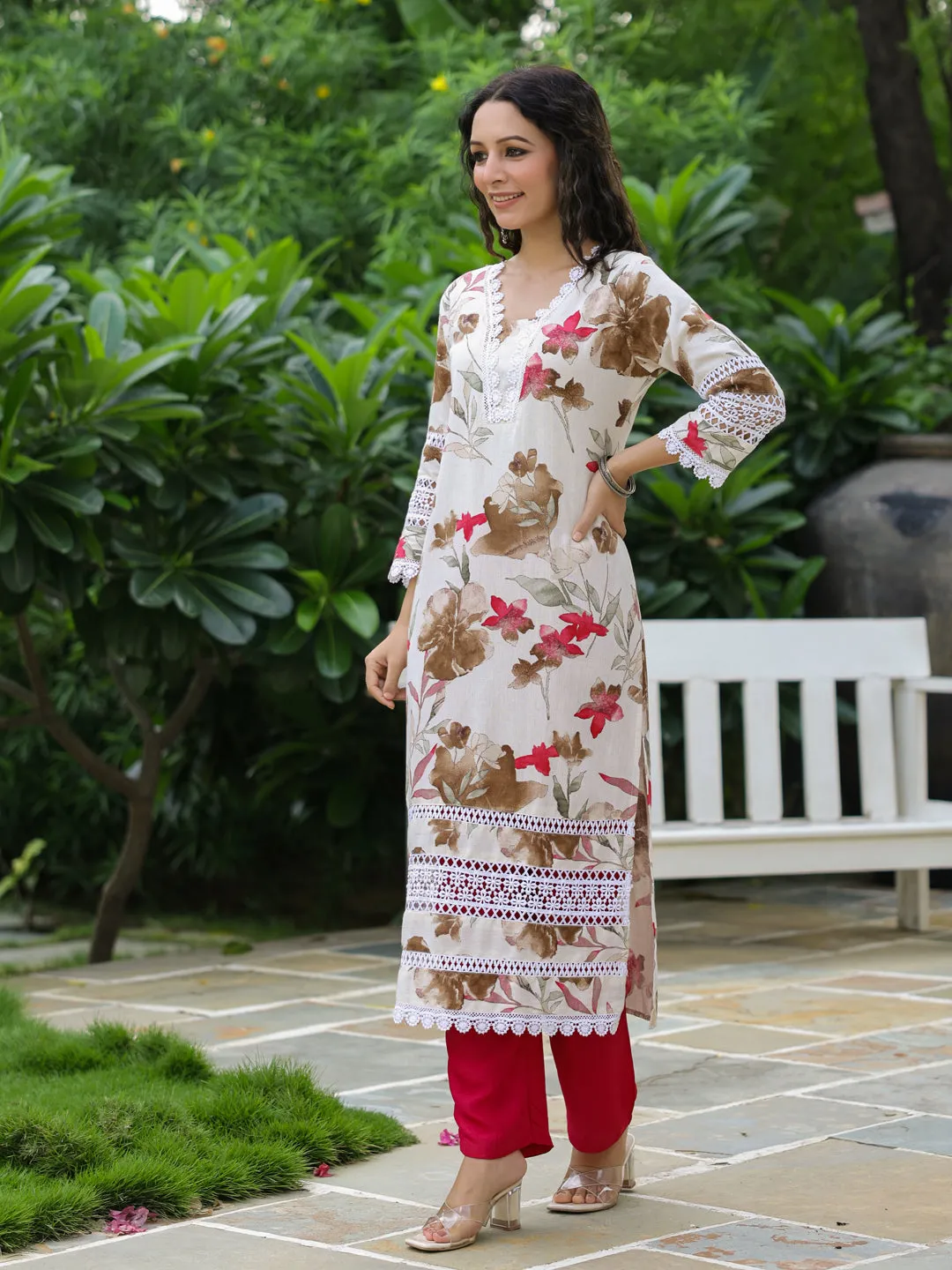 Abstract Floral Printed Straight Fit Kurta - Off White