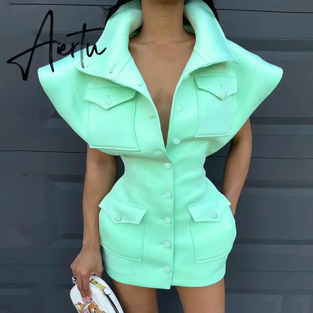Aiertu Sexy Party Club Bodycon Dresses For Women Autumn Solid Sleeveless Button Pockets Mixi Dress Female Streetwears Y2K