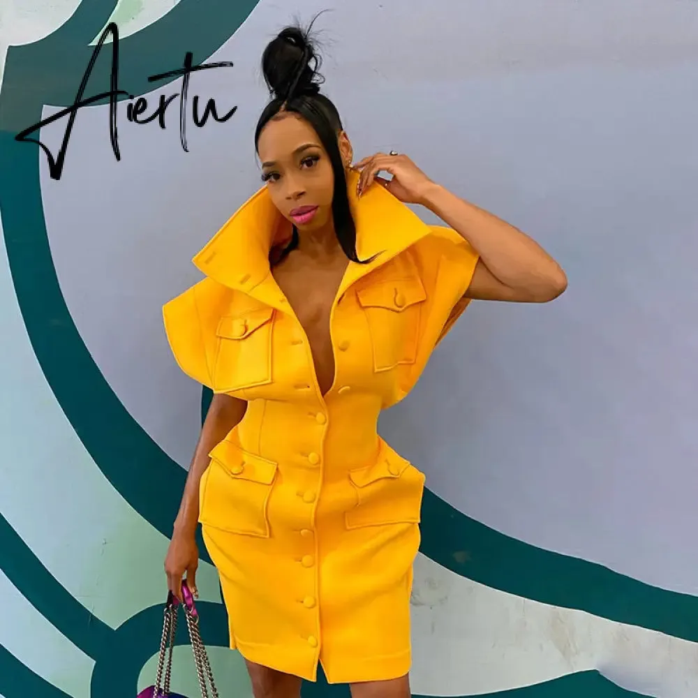 Aiertu Sexy Party Club Bodycon Dresses For Women Autumn Solid Sleeveless Button Pockets Mixi Dress Female Streetwears Y2K
