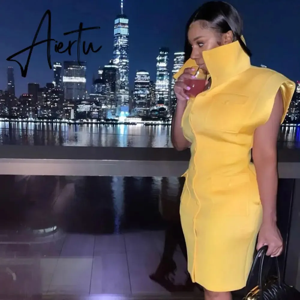 Aiertu Sexy Party Club Bodycon Dresses For Women Autumn Solid Sleeveless Button Pockets Mixi Dress Female Streetwears Y2K