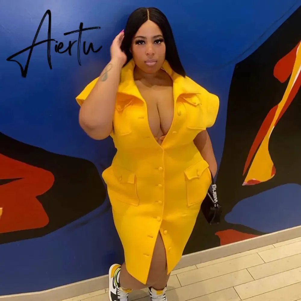 Aiertu Sexy Party Club Bodycon Dresses For Women Autumn Solid Sleeveless Button Pockets Mixi Dress Female Streetwears Y2K