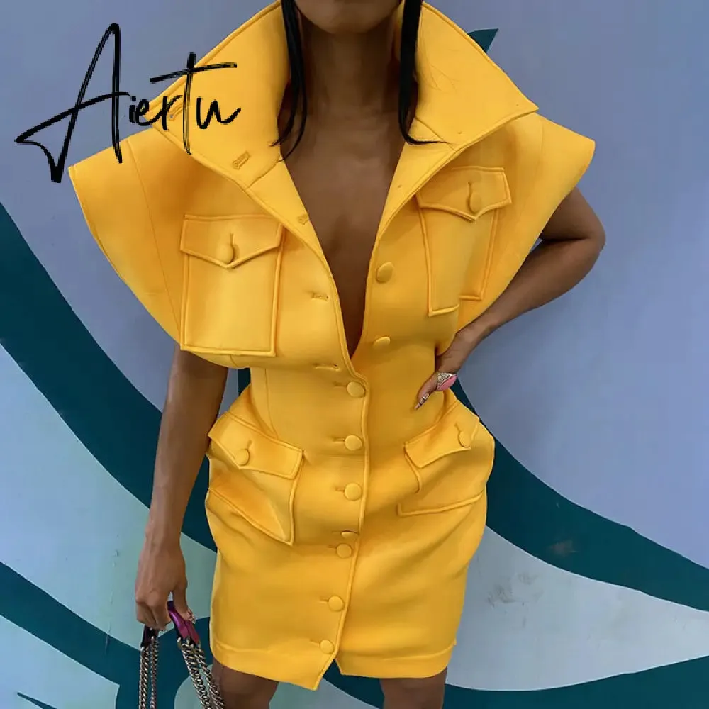 Aiertu Sexy Party Club Bodycon Dresses For Women Autumn Solid Sleeveless Button Pockets Mixi Dress Female Streetwears Y2K