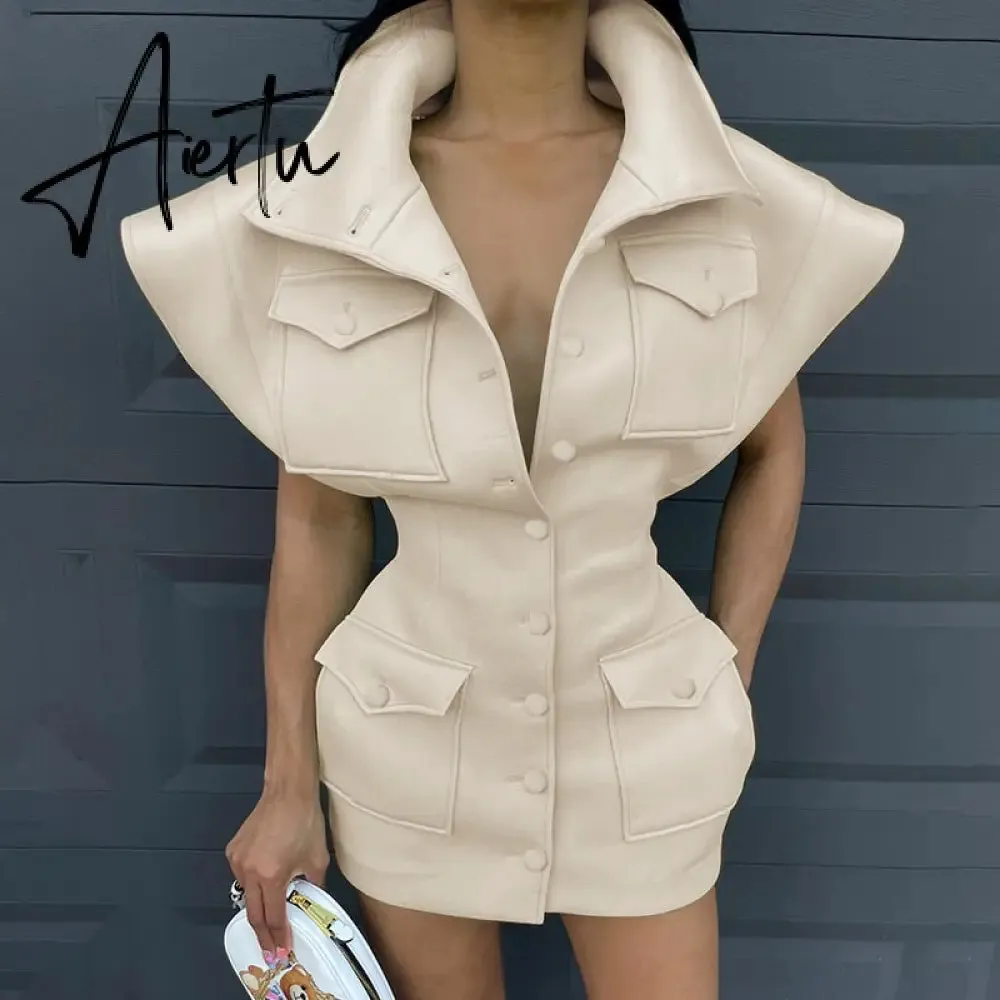 Aiertu Sexy Party Club Bodycon Dresses For Women Autumn Solid Sleeveless Button Pockets Mixi Dress Female Streetwears Y2K