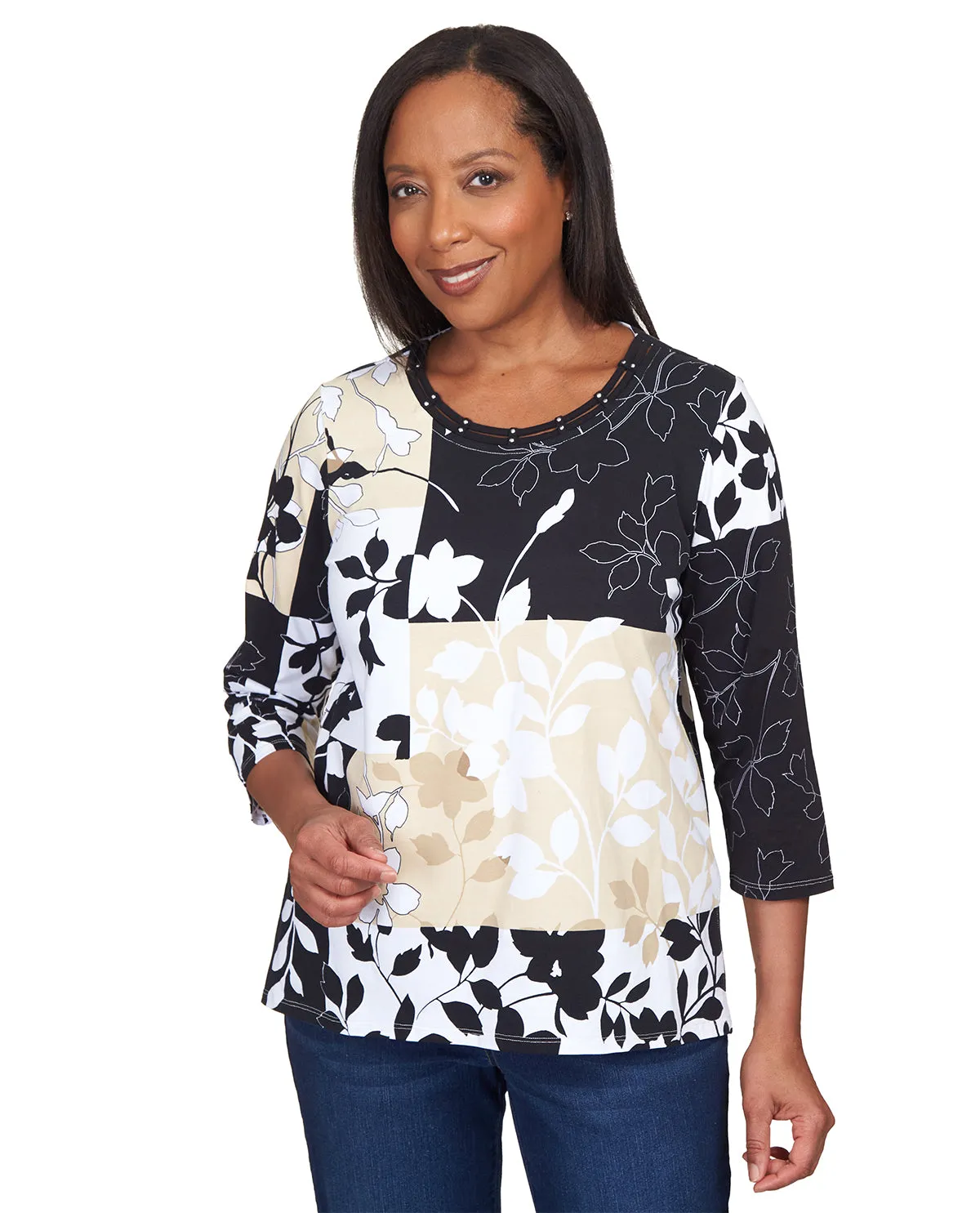 Alfred Dunner Key Item Shadow Floral Boxes Knit Top