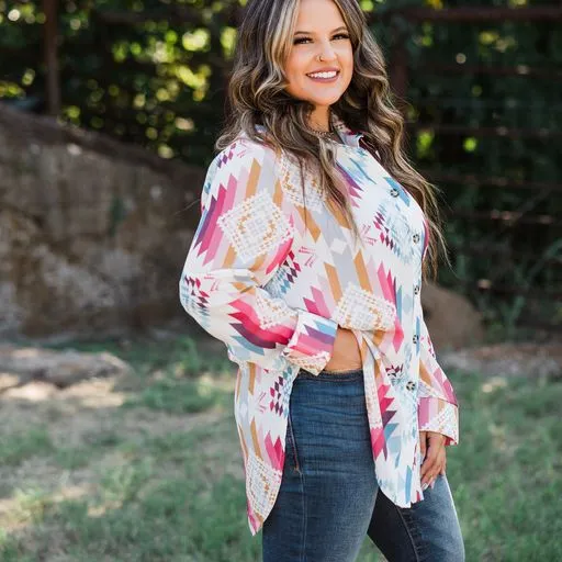 Aztec Print Button Down Long Shirt