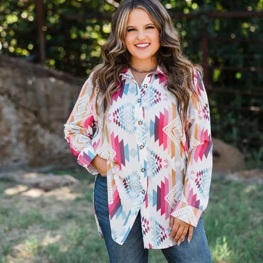 Aztec Print Button Down Long Shirt
