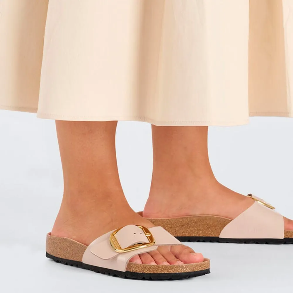 Birkenstock Women's Madrid Big Buckle Natural Leather Patent in New Beige (Narrow WIdth)