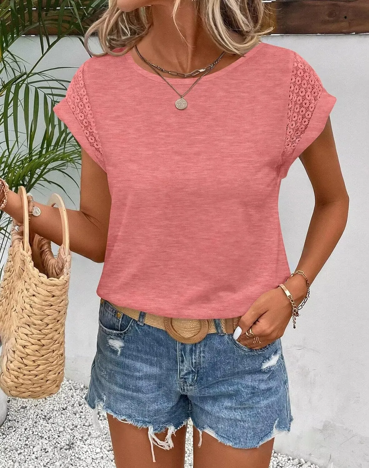 Bliwov Womens Tops Lace Cap Sleeve T Shirts Casual Trendy Cute Summer Spring Outfits Plus Size Beach Vacation Fashion Clothes
