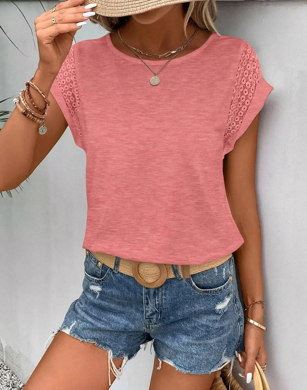 Bliwov Womens Tops Lace Cap Sleeve T Shirts Casual Trendy Cute Summer Spring Outfits Plus Size Beach Vacation Fashion Clothes