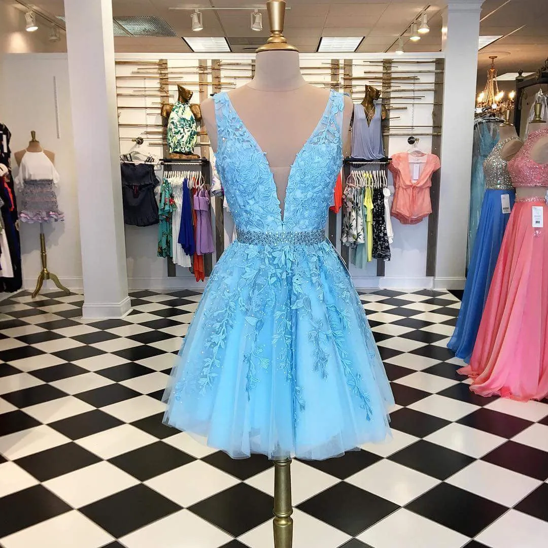 Blue Lace Beaded Sash Sleeveless Fashion Homecoming Dresses,HD0014