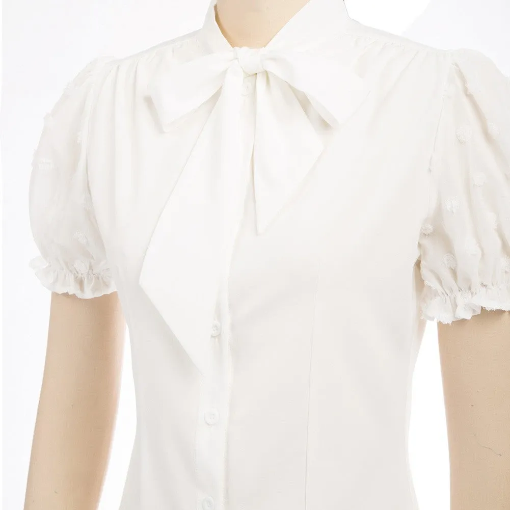 Bow-Knot Decorated Shirt Short Sleeve Stand Collar Tops