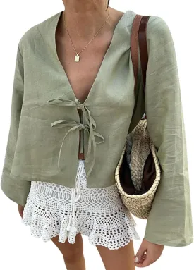 Bow Tie Front Tops for Women V Neck Linen Lace Up Shirts Casual Long Flare Sleeve Blouese Summer Going Out Tops