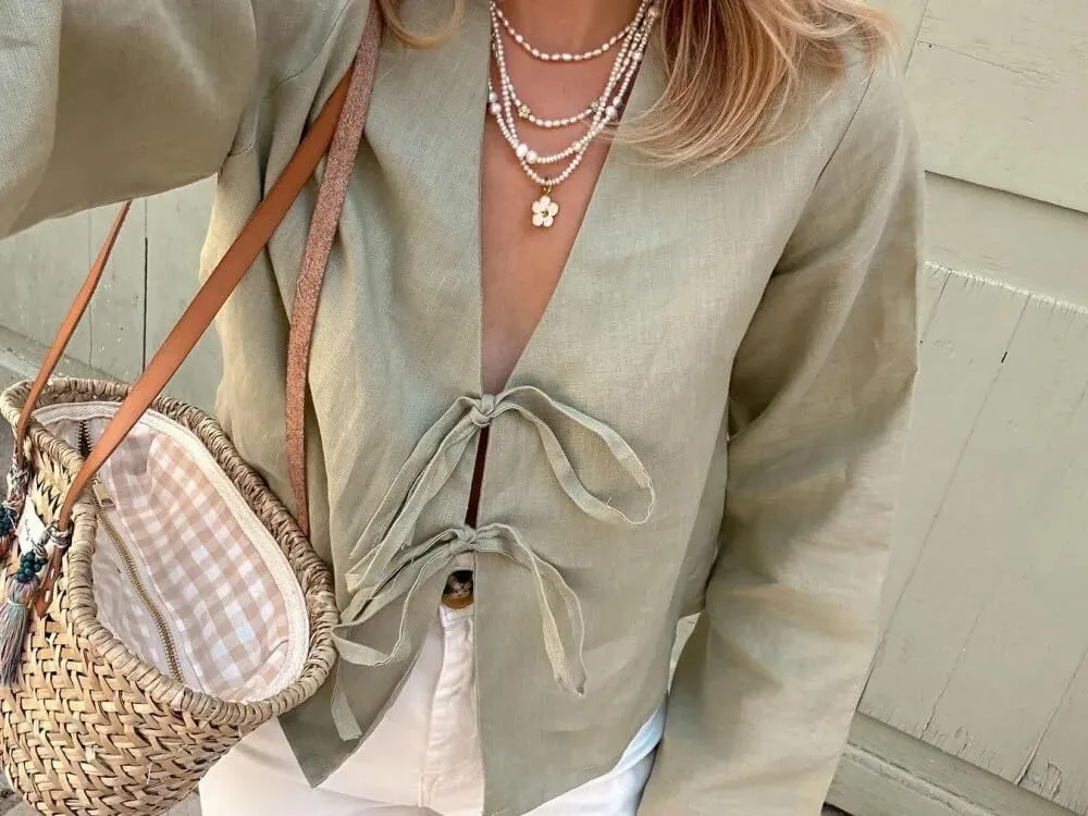 Bow Tie Front Tops for Women V Neck Linen Lace Up Shirts Casual Long Flare Sleeve Blouese Summer Going Out Tops