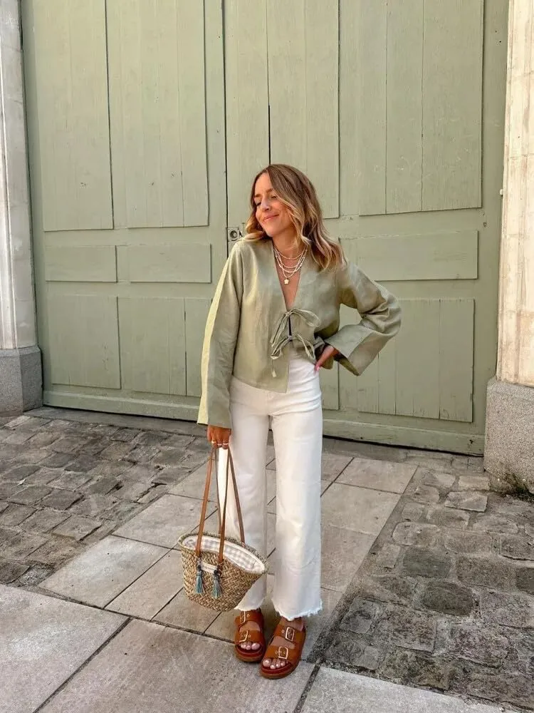 Bow Tie Front Tops for Women V Neck Linen Lace Up Shirts Casual Long Flare Sleeve Blouese Summer Going Out Tops