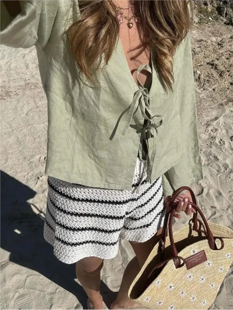 Bow Tie Front Tops for Women V Neck Linen Lace Up Shirts Casual Long Flare Sleeve Blouese Summer Going Out Tops