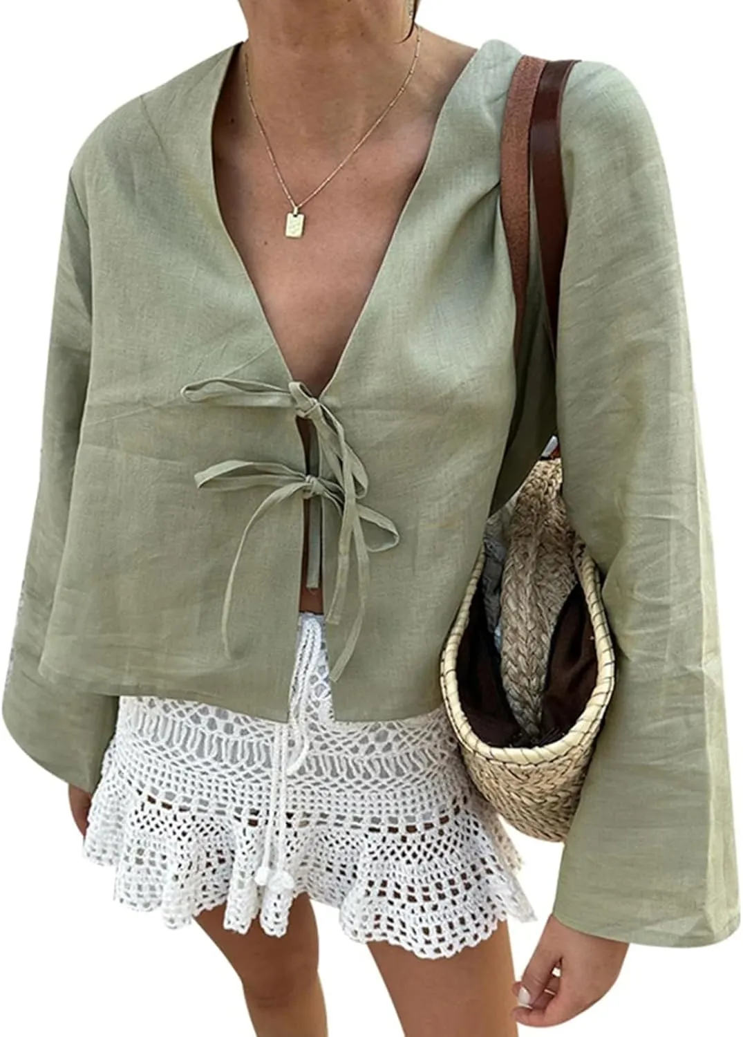 Bow Tie Front Tops for Women V Neck Linen Lace Up Shirts Casual Long Flare Sleeve Blouese Summer Going Out Tops