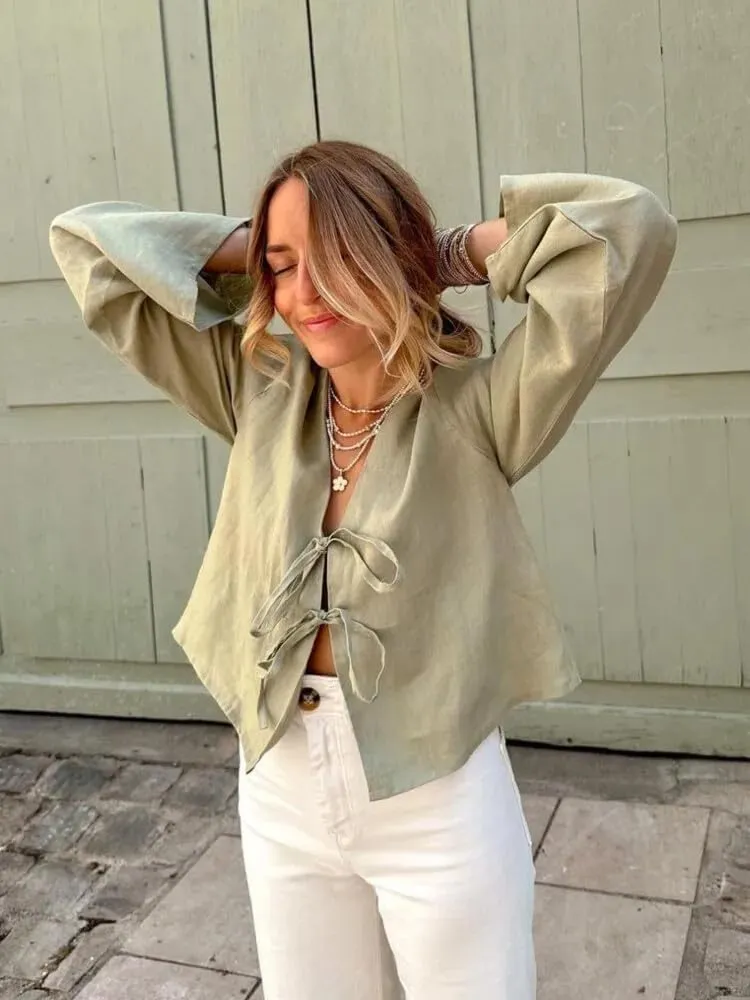 Bow Tie Front Tops for Women V Neck Linen Lace Up Shirts Casual Long Flare Sleeve Blouese Summer Going Out Tops