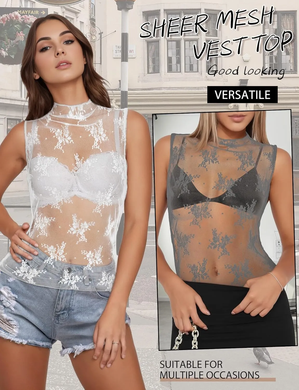 Buauty Mesh Long Sleeve Top for Women, Lace Sheer Tops See Through Mock Neck Floral Embroidery Sheer Blouce Fishnet Shirt