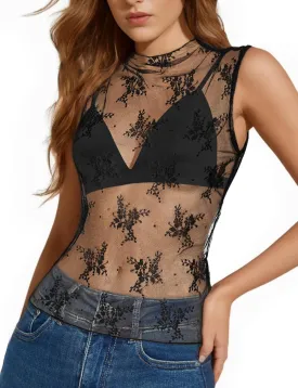 Buauty Mesh Long Sleeve Top for Women, Lace Sheer Tops See Through Mock Neck Floral Embroidery Sheer Blouce Fishnet Shirt
