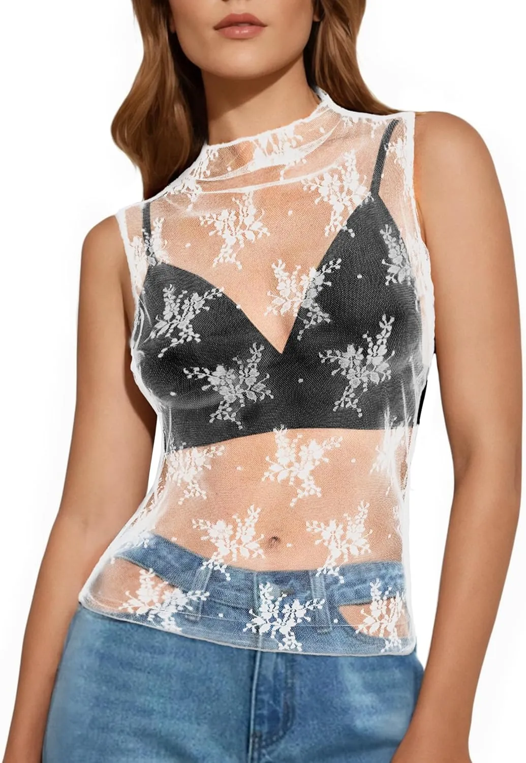 Buauty Mesh Long Sleeve Top for Women, Lace Sheer Tops See Through Mock Neck Floral Embroidery Sheer Blouce Fishnet Shirt
