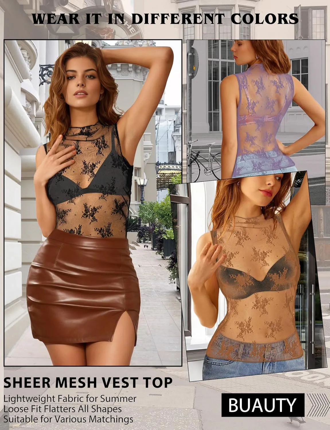 Buauty Mesh Long Sleeve Top for Women, Lace Sheer Tops See Through Mock Neck Floral Embroidery Sheer Blouce Fishnet Shirt