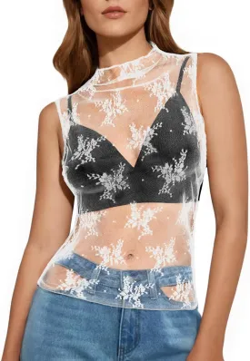 Buauty Mesh Long Sleeve Top for Women, Lace Sheer Tops See Through Mock Neck Floral Embroidery Sheer Blouce Fishnet Shirt