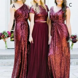 Burgundy sequin bridesmaid dresses long mismatched sparkle cheap wedding guest dresses vestido de madhaine