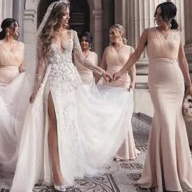 champagne bridesmaid dresses long v neck sleeveless elegant cheap wedding guest dresses vestido de Longo