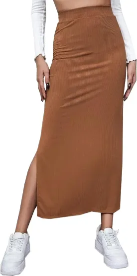 CHARTOU Women's Knitted Stretchy High Waist Straight Slit Pencil Bodycon Long Skirt