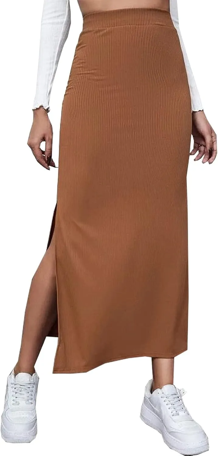 CHARTOU Women's Knitted Stretchy High Waist Straight Slit Pencil Bodycon Long Skirt