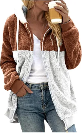 Coats for Women, Women's Fashion Casual Loose Plush Striped Zipper Long Sleeve Stitching Hooded Jacket Coat