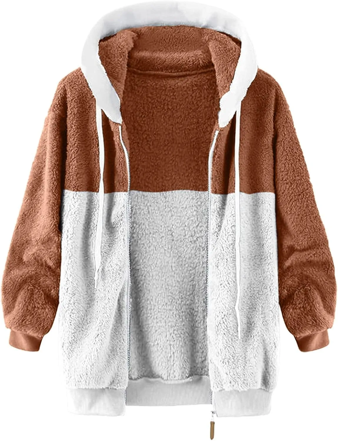 Coats for Women, Women's Fashion Casual Loose Plush Striped Zipper Long Sleeve Stitching Hooded Jacket Coat