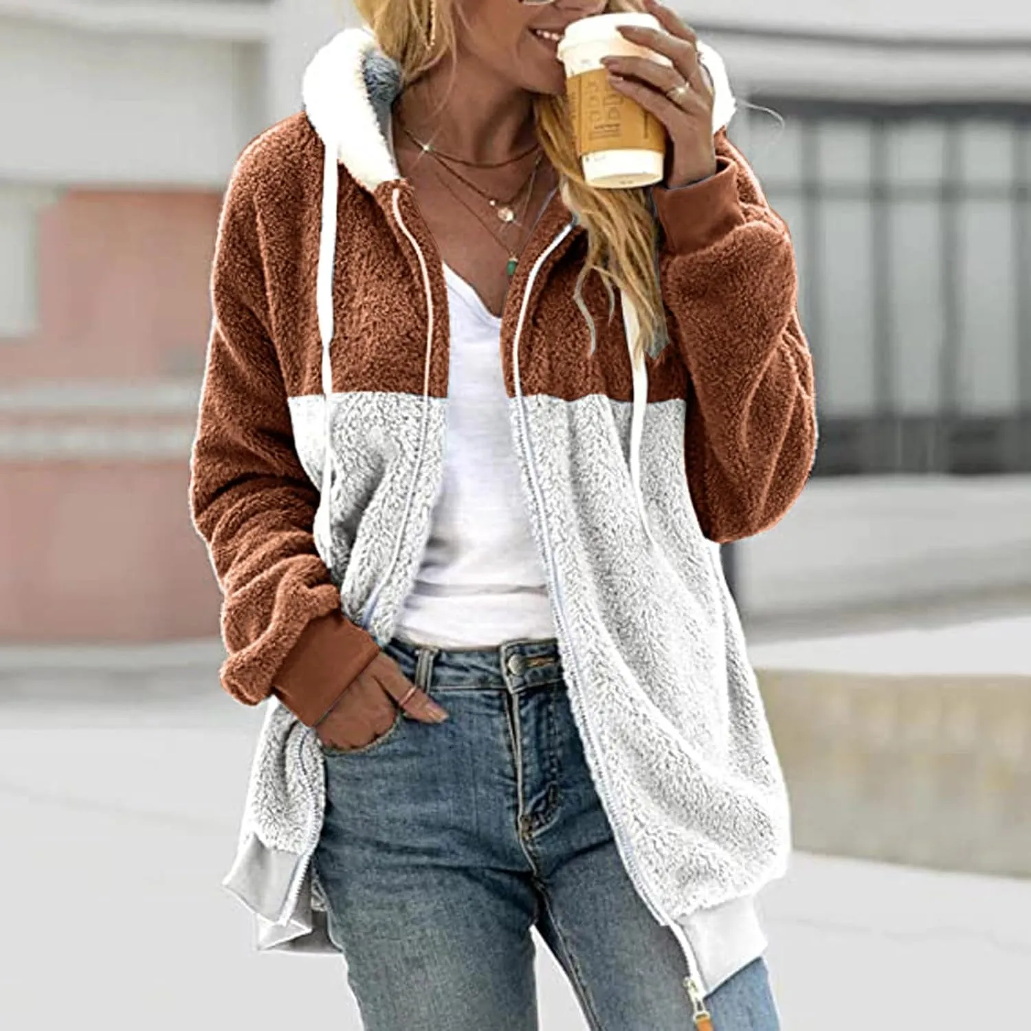 Coats for Women, Women's Fashion Casual Loose Plush Striped Zipper Long Sleeve Stitching Hooded Jacket Coat
