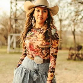 Collage Western Long Sleeve Mesh Top at Bourbon Cowgirl
