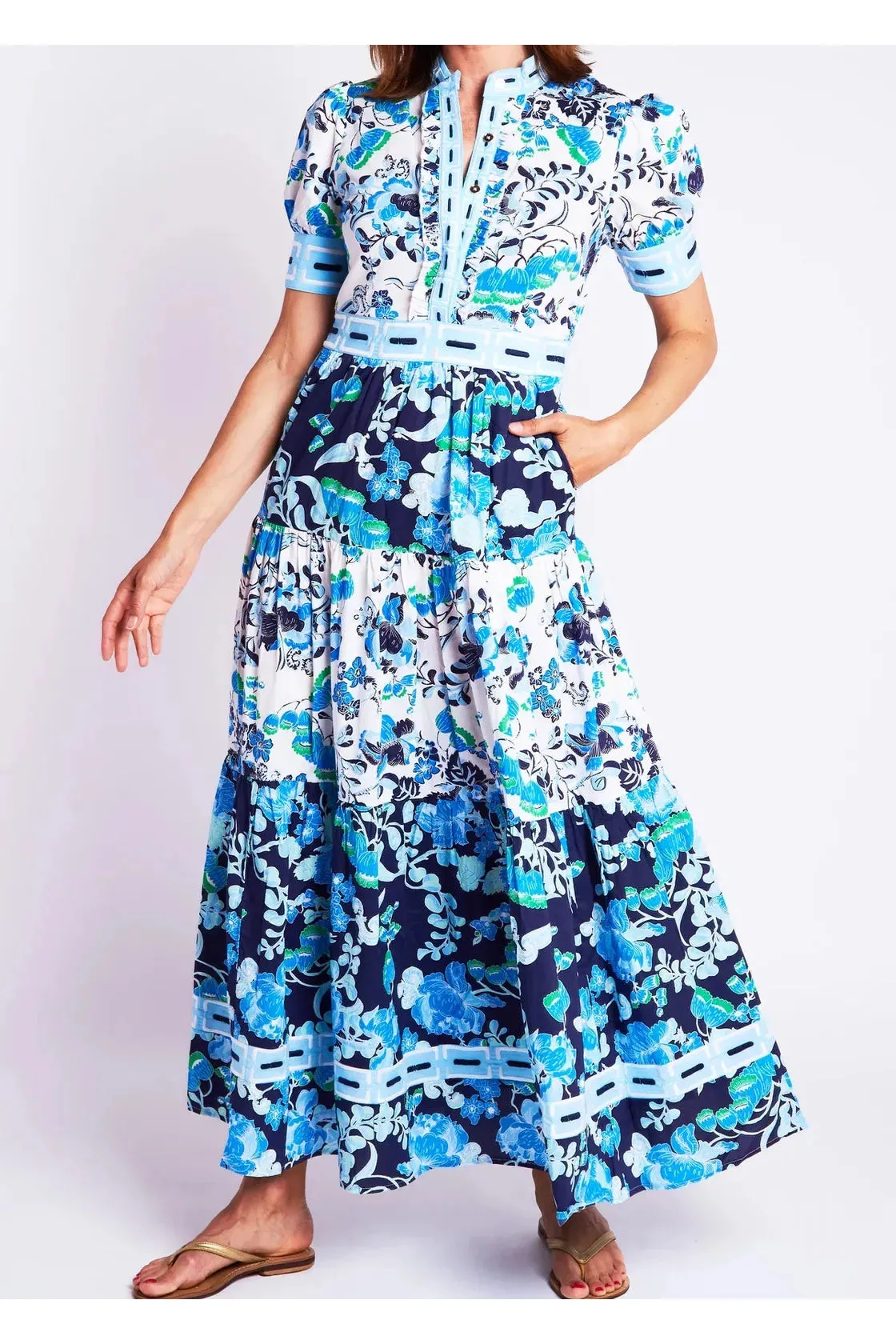 Elegant Cordelia White and Blue Annabelle Short Sleeve Maxi Dress for Summer Occasions