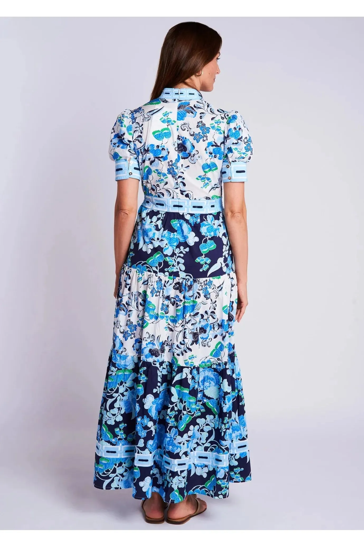 Elegant Cordelia White and Blue Annabelle Short Sleeve Maxi Dress for Summer Occasions