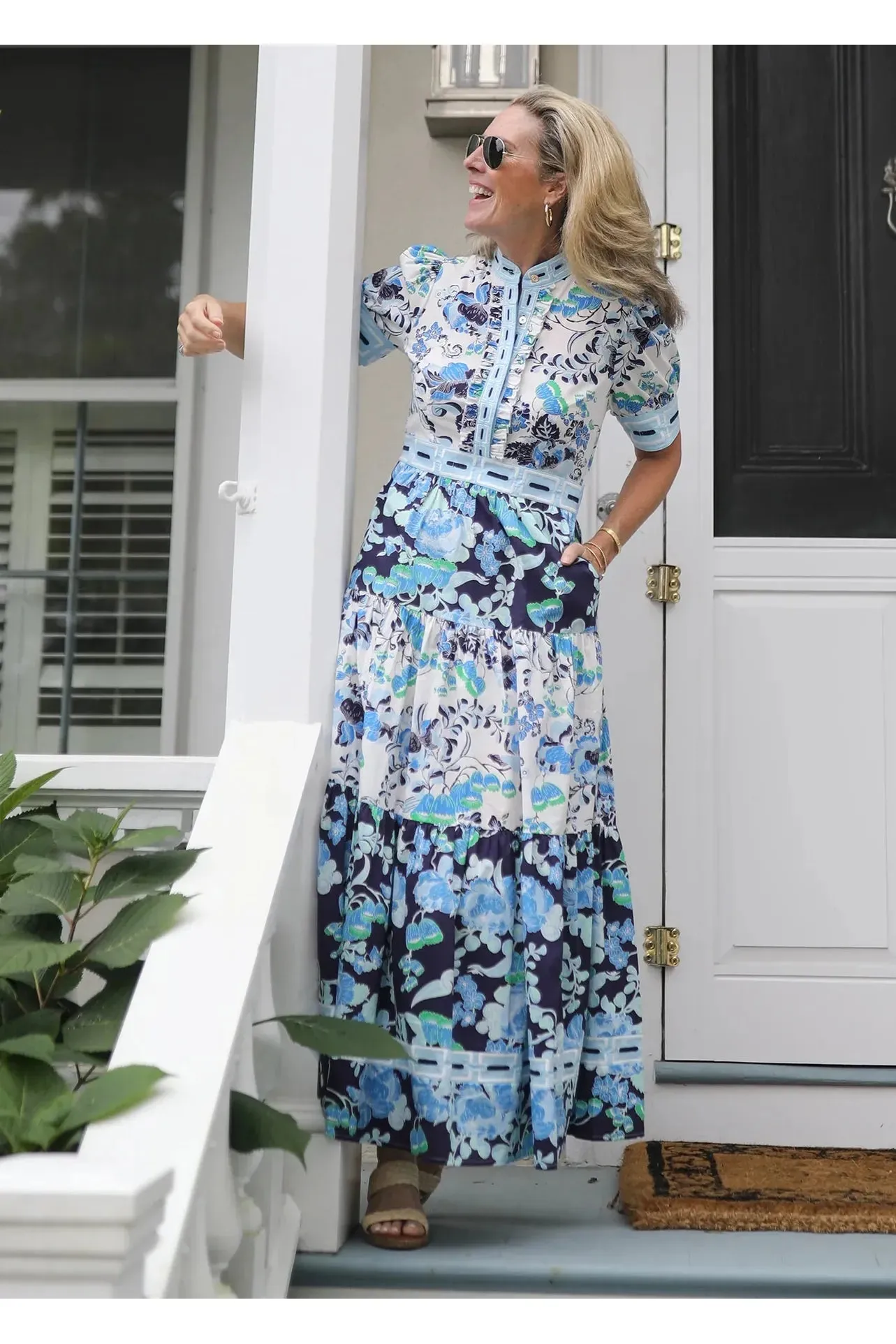 Elegant Cordelia White and Blue Annabelle Short Sleeve Maxi Dress for Summer Occasions