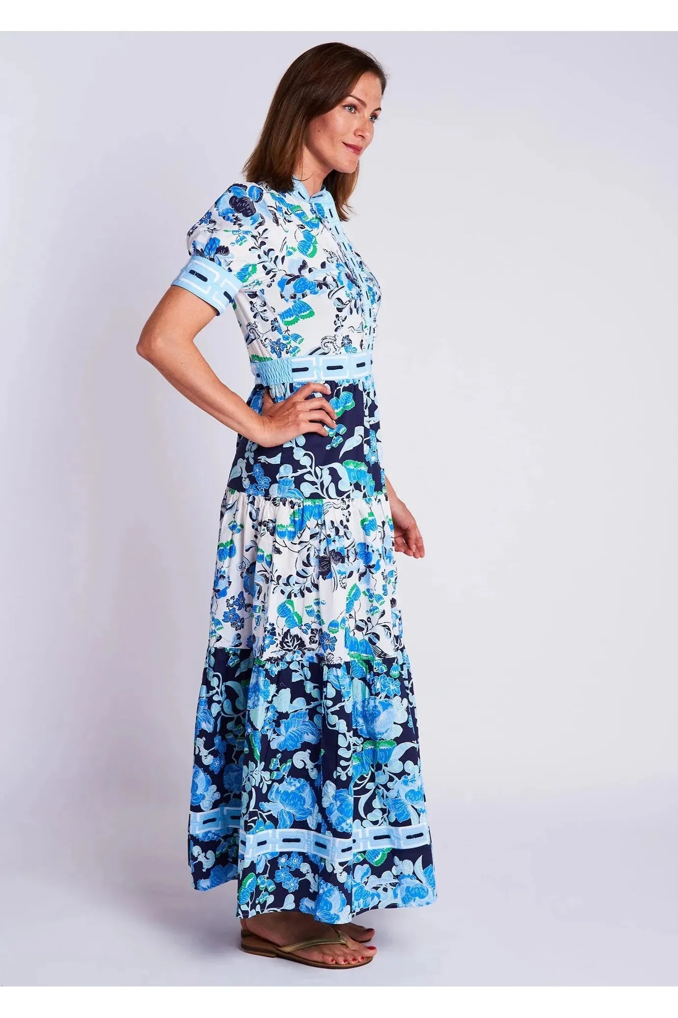 Elegant Cordelia White and Blue Annabelle Short Sleeve Maxi Dress for Summer Occasions