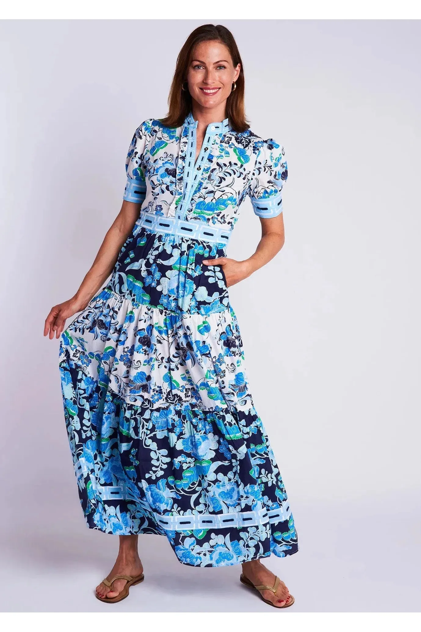 Elegant Cordelia White and Blue Annabelle Short Sleeve Maxi Dress for Summer Occasions