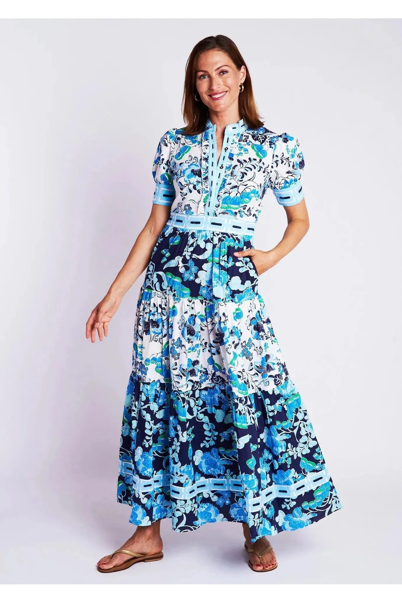 Elegant Cordelia White and Blue Annabelle Short Sleeve Maxi Dress for Summer Occasions