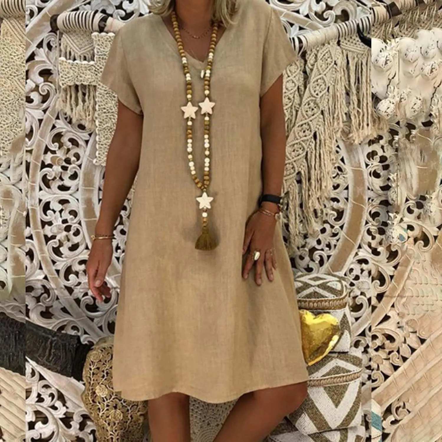 Cotton Linen Dresses for Women 2025 Spring Summer Elegant V Neck 3/4 Sleeve Midi Casual Plain Beach Shirt Dress