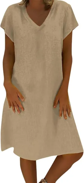 Cotton Linen Dresses for Women 2025 Spring Summer Elegant V Neck 3/4 Sleeve Midi Casual Plain Beach Shirt Dress