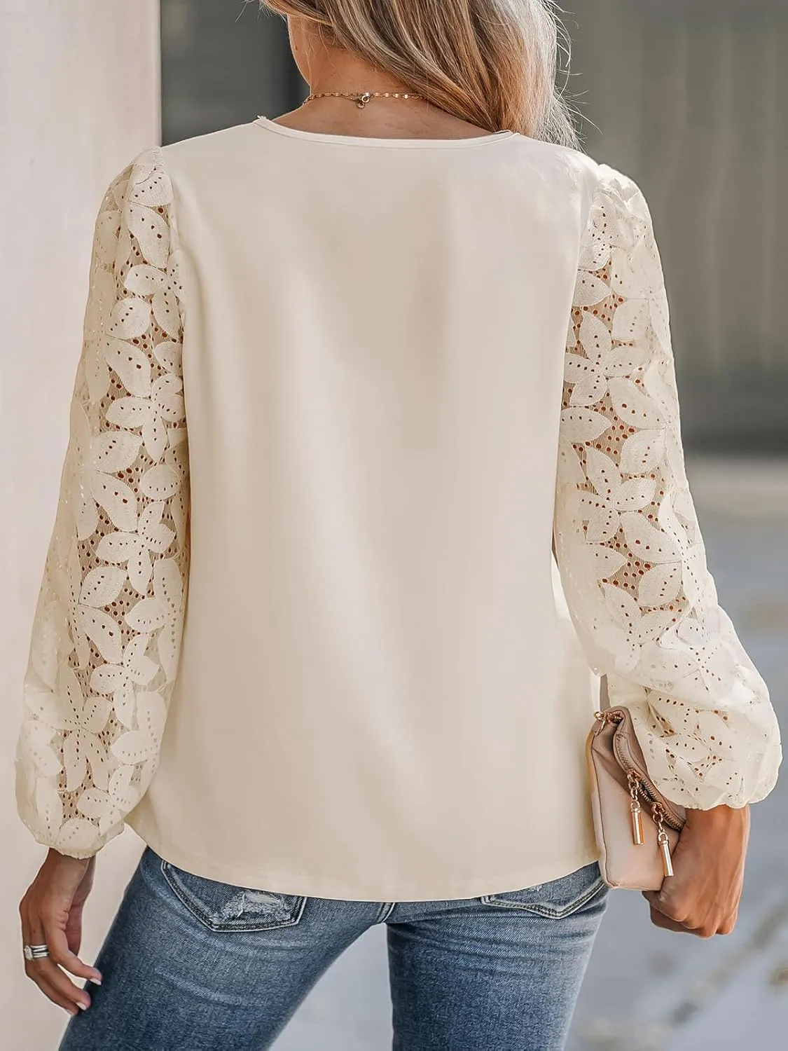 CUPSHE Women Floral Lace Scalloped Top Long Sleeve Shirts V Neck Blouses