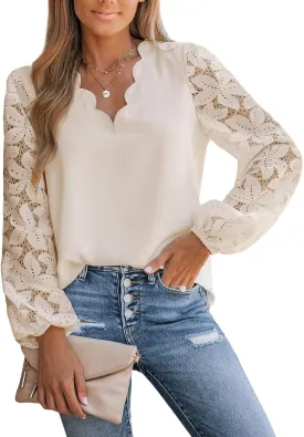 CUPSHE Women Floral Lace Scalloped Top Long Sleeve Shirts V Neck Blouses