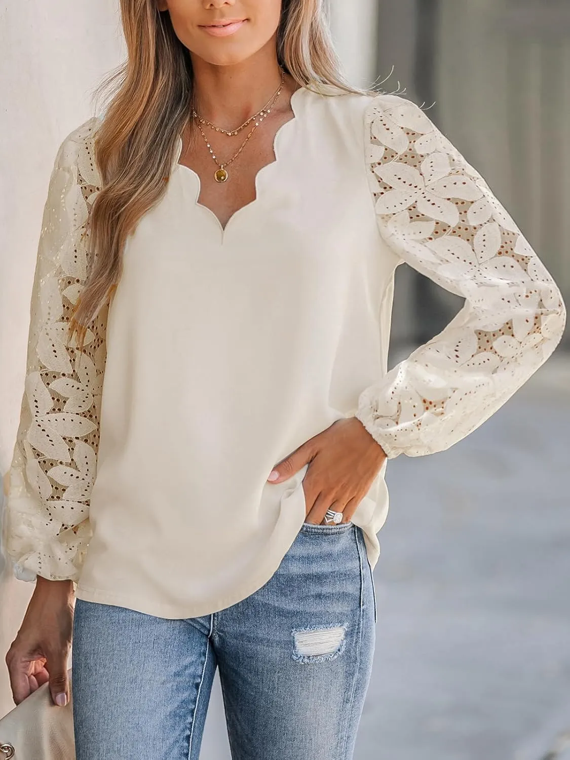 CUPSHE Women Floral Lace Scalloped Top Long Sleeve Shirts V Neck Blouses