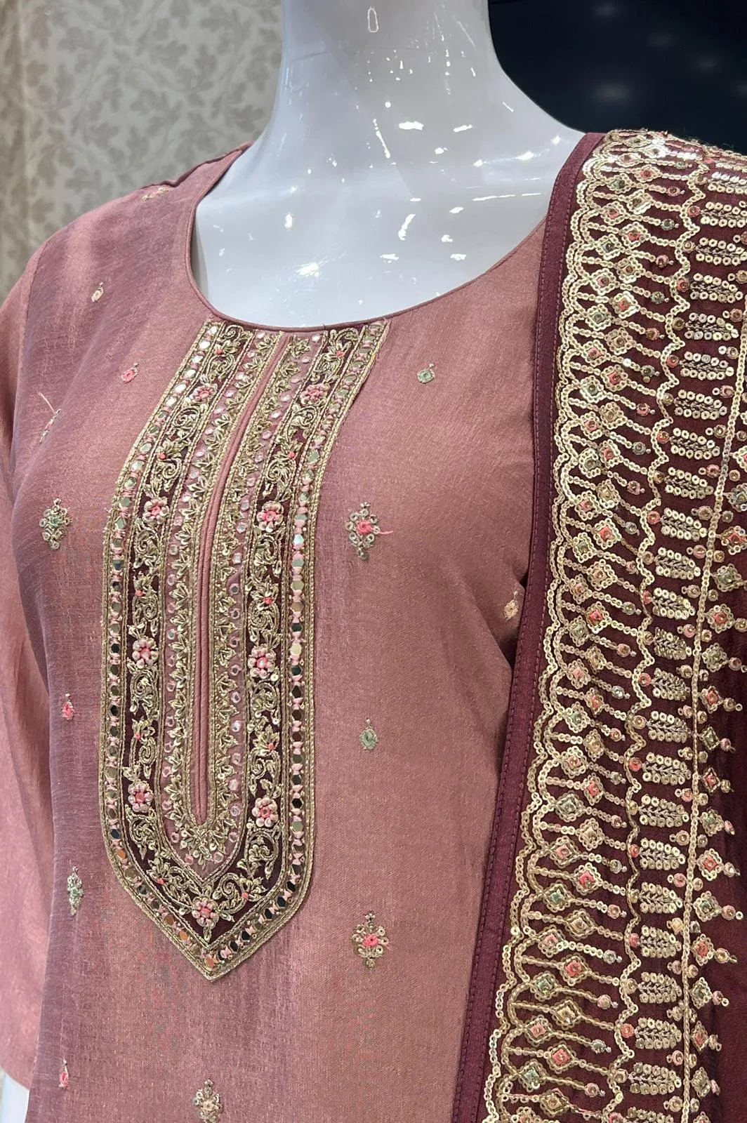 Dark Onion Mirror, Sequins, Zari and Zardozi work Straight Cut Salwar Suit